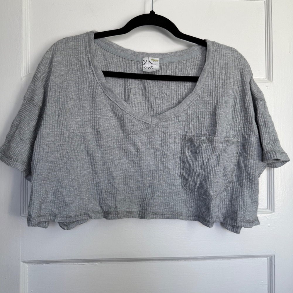 OFFLINE by Aerie Womens Gray V-Neck Waffle Knit Crop Top Pocket Tee Small
